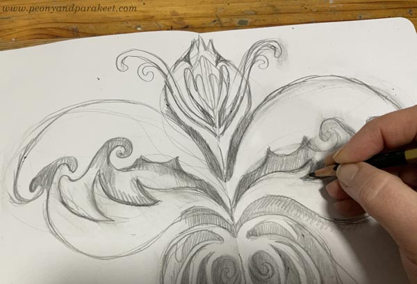 Sketching a damask motif.