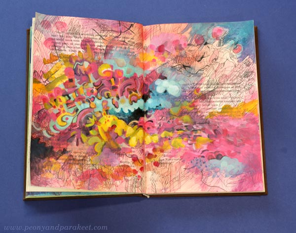 Art Journaling about Imagination - Peony and Parakeet