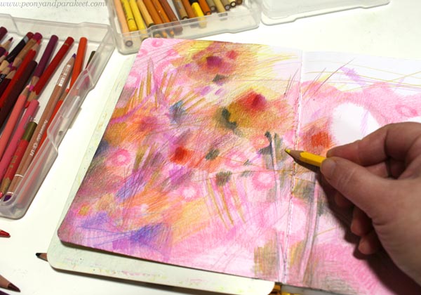 Step 4 of a fun colored pencil layering technique.