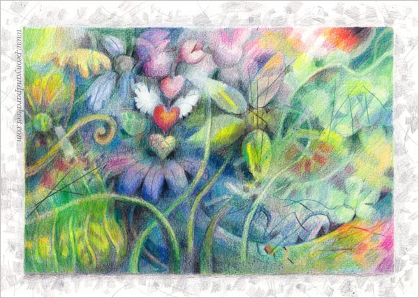 Illuminated Heart, spring art ideas in colored pencils. By Paivi Eerola.