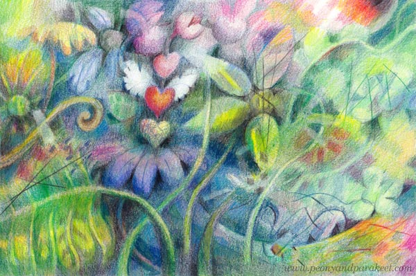 Illuminated Heart, colored pencil art by Paivi Eerola of Peony and Parakeet.