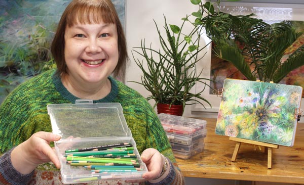 Paivi Eerola with her colored pencils and her new online class Fun Botanicum.