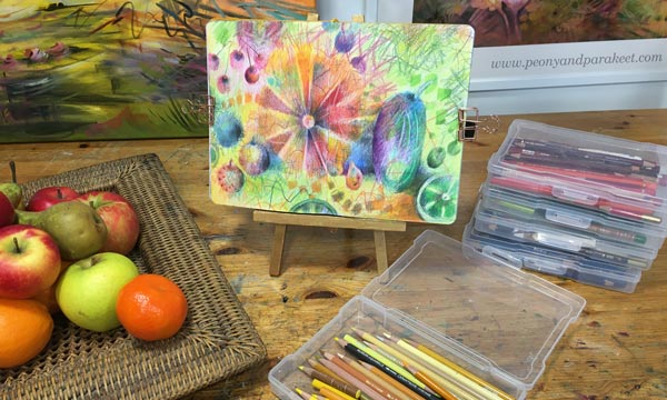 Getting inspired by fruits and creating colored pencil art. Colored pencil online class by Paivi Eerola of Peony and Parakeet.