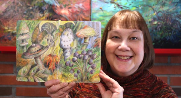 Paivi Eerola and her colored pencil diary. The drawing is from the class Fun Botanicum.