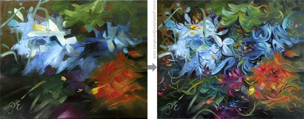 Before and after - Changing the style of a painting from loose abstract to more illustrative and decorative.