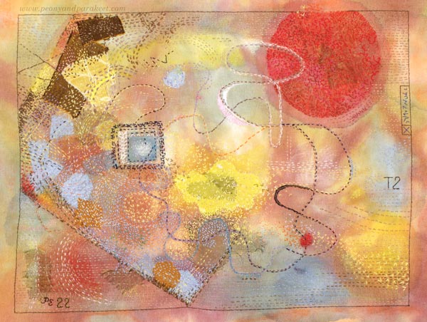 T2, textile art piece by Paivi Eerola. Abstract slow stitching. Free embroidery on fabric.