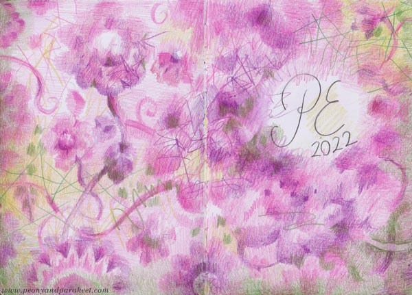 Pink art journal spread. Colored pencil art by Paivi Eerola.
