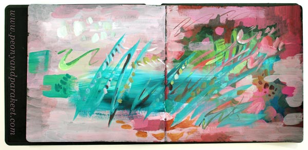 Art journal spread in acrylics. Pink and turquoise on dark background. Pink inspiration from Peony and Parakeet.