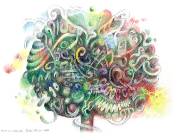 Ornamental tree in colored pencils. Romantic art by paivi Eerola. See more art inspiration from period dramas!