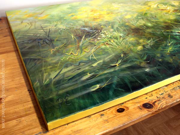 Oil painting on the table with a signature. By Paivi Eerola of Peony and Parakeet.