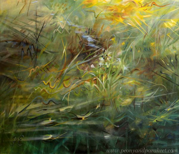 Expressing sunshine - a detail of Runaway Sun - Karannut aurinko, oil on canvas, by Paivi Eerola