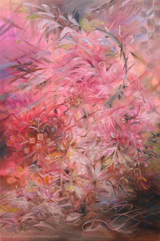 Venuksen satakieli - Nightingale of Venus, oil on canvas, by Paivi Eerola. Old-world feel in a floral abstract painting.