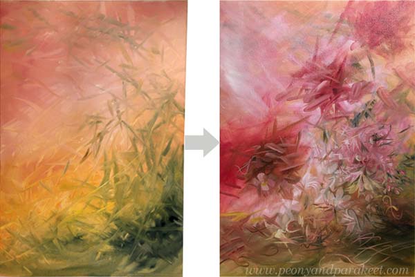 Intuitive painting process - from the background to the details. Early stages of an unfinished painting.