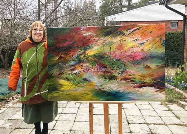 A Finnish artist Paivi Eerola and her big painting "Kotona Plutossa - At Home in Pluto." She talks about paintings being introverts or extroverts. How do you know if your painting is introvert or extrovert?