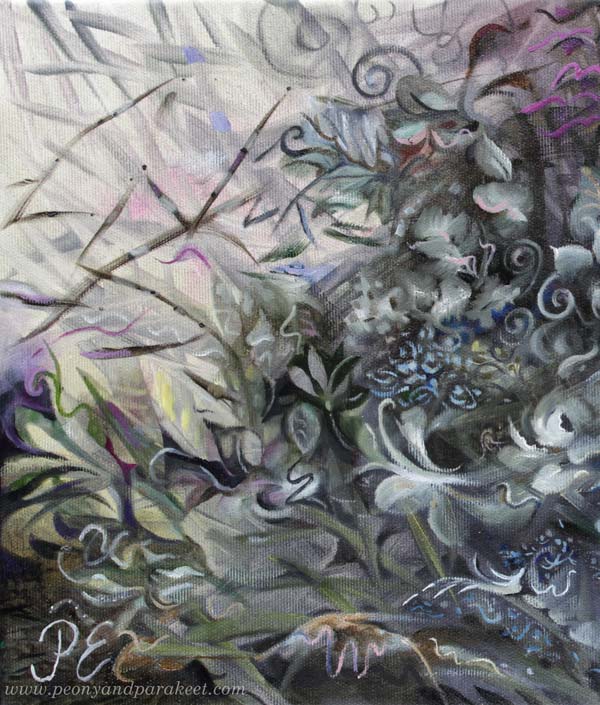 A detail of Kuutamon taika - Moonlight Magic, oil painting on canvas, by Paivi Eerola.