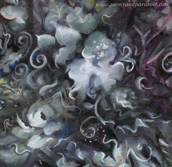 A detail of Kuutamon taika - Moonlight Magic, oil painting on canvas, by Paivi Eerola.