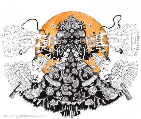 Knitwork Orange - an ink drawing by Paivi Eerola.