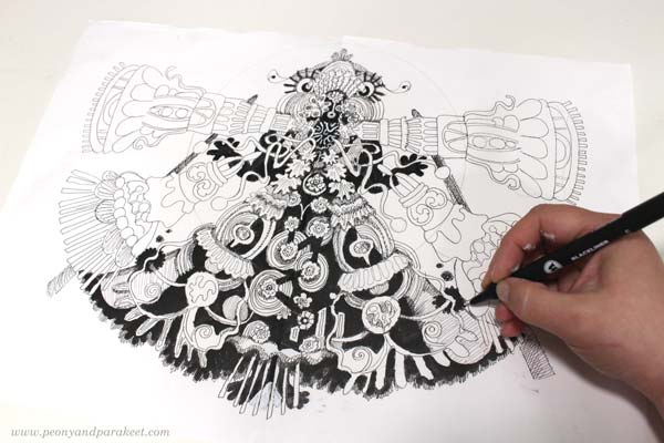 An ink drawing in progress. Shadowing and adding details to tassels.