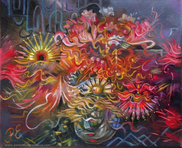 "Kultahatut Marsissa - Gatsbies on Mars", a small oil painting by Päivi Eerola, Finland.
