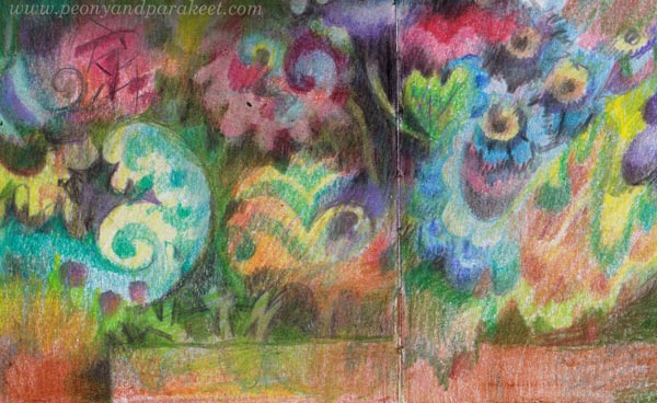 Angular elements go well together with swirls. Drawing swirls with colored pencils. A detail.