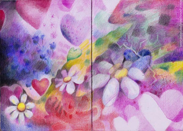 Drawing romantic hearts and flowers. Colored pencil art by Paivi Eerola.