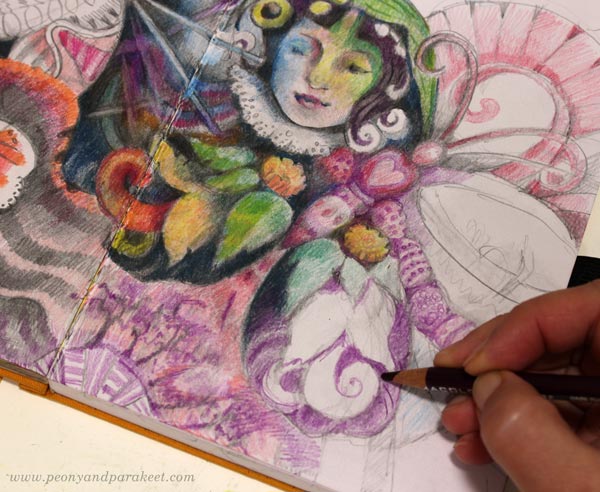 Drawing and coloring butterflies with colored pencils.