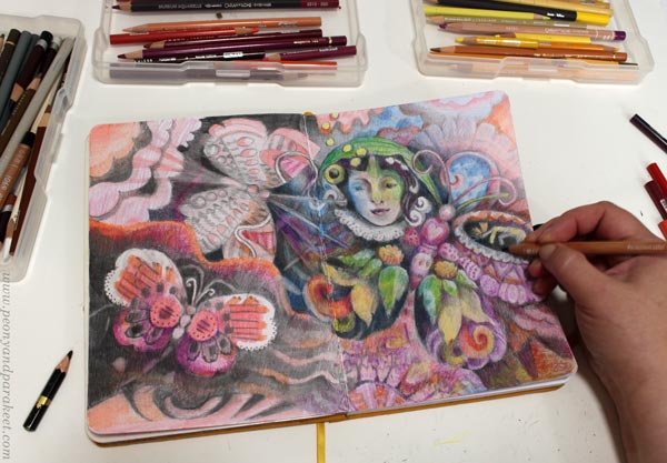 Colored pencil drawing in progress.