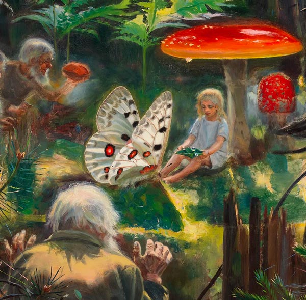 A detail of the oil painting Fairy Tale Princess by Torsten Wasastjerna. Butterfly and a girl.