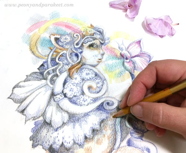 Drawing with colored pencils. Whimsical colored pencil art in progress.