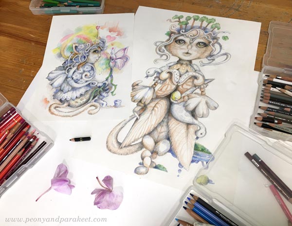 Illustrating characters with colored pencils. By Paivi Eerola of Peony and Parakeet.