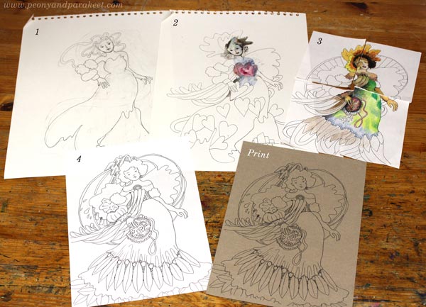 Many versions of the same coloring page: sketches, final version and a print on unbleached paper.
