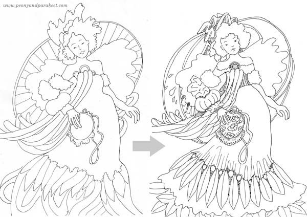 A sketch for the coloring page and the final version. See how to draw a coloring page!