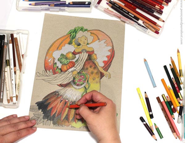 Coloring a hand-drawn coloring page.