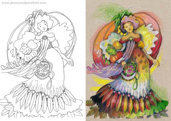 A coloring page and the colored version.