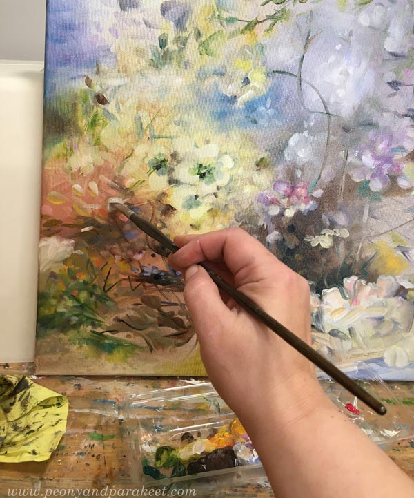 Abstract floral painting in progress. By Paivi Eerola, Finland. Read more about her personal story.