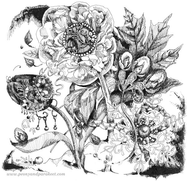 Four Seasons Bouquet - a luxurious black and white drawing by Paivi Eerola