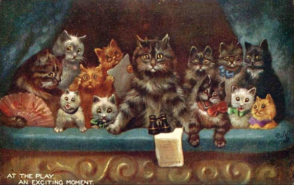 At the Play - an Exciting Moment. A cat illustration by Louis Wain.