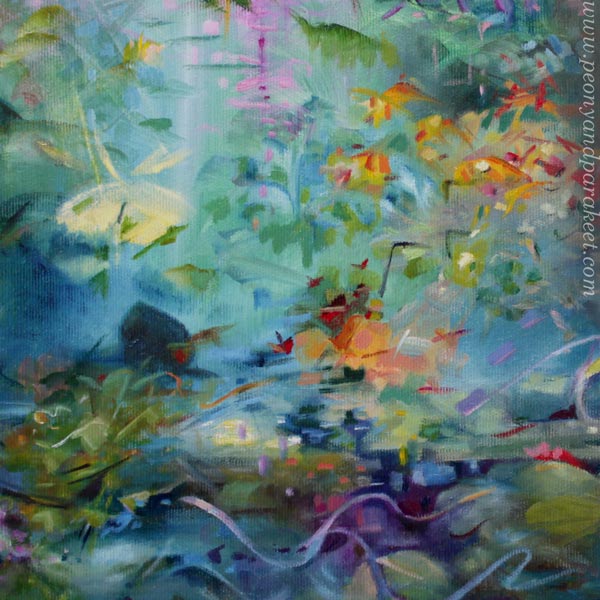 A detail of Toivomusten metsä - Forest of Wishes, 40 x 50 cm, oil on canvas, 2022. By artist Paivi Eerola, Finland.