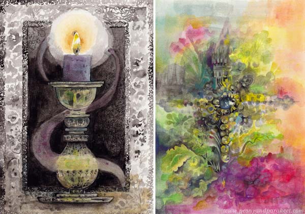 Gouache paintings: a candle and a cross