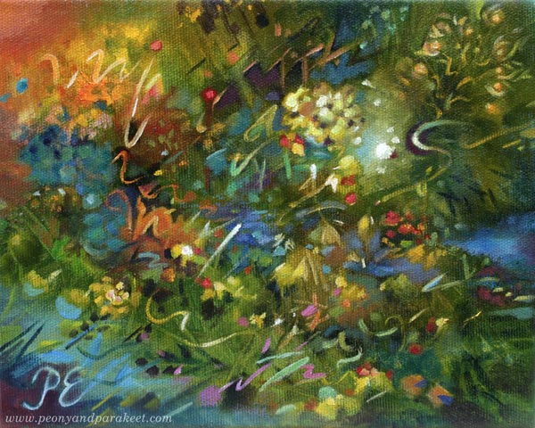 Samettikukan sointi - The Sound of the Marigold, 20 x 25 cm, oil on canvas, by Päivi Eerola, Finland