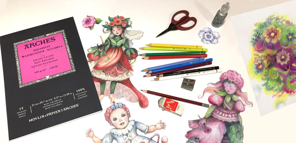 Supplies for the online art class Doll World. Illustrate human figures and draw adorable dresses.
