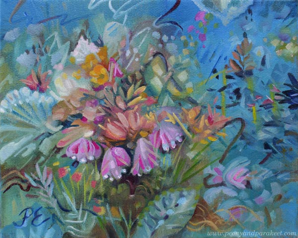 Puutarhan Tähkäpää - Rapunzel of the Garden, a small oil painting by Paivi Eerola.