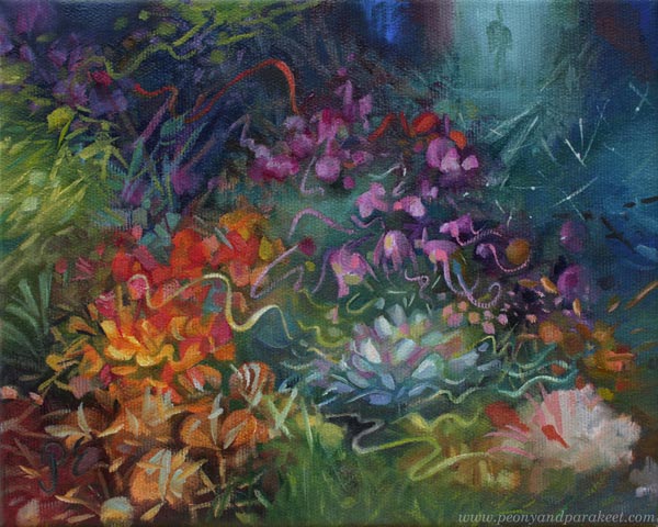Varjon lohtu - Comfort of the Shadow, a small oil painting by Paivi Eerola.