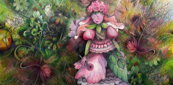 A flower girl. Colored pencil art by Päivi Eerola.