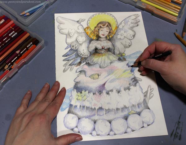 Drawing a winter angel - Step 4 - Add Details by Coloring