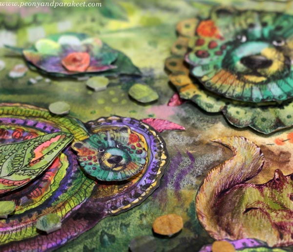 3D effects with foam tape. A closeup of hand-drawn collage art.