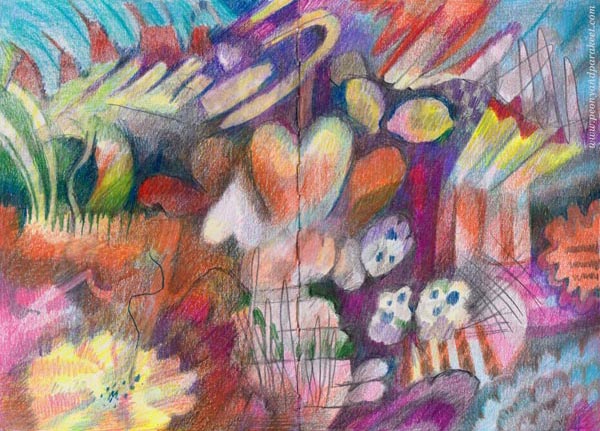 A colored pencil journal page upside down. Intuitive art often makes sense when turned around too.