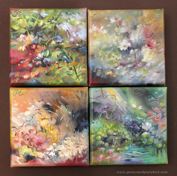 Four small oil paintings by the artist Päivi Eerola, Finland.