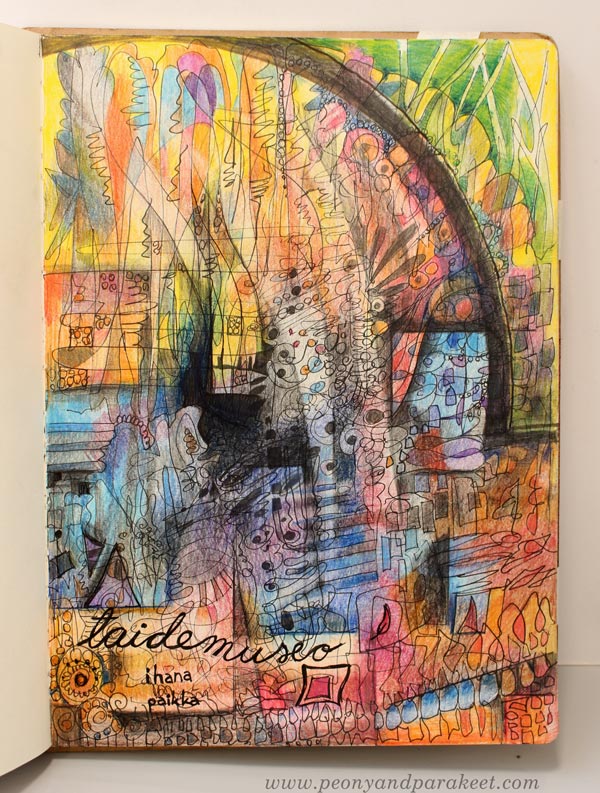 Drawing inspiration. Art journal page about a visit in an art museum. By Paivi Eerola, 2015.