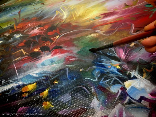 A fantasy-themed painting in progress. Creating abstract wonderland art - art inspired by Alice in Wonderland.